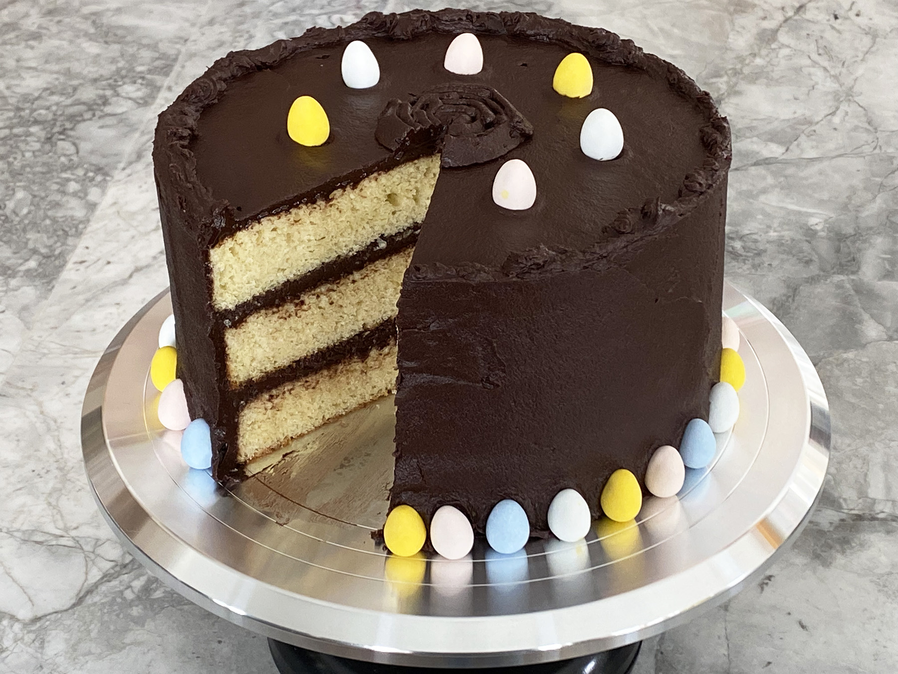 Classic (3-layer, 9″) Yellow Cake with Whipped Chocolate Frosting